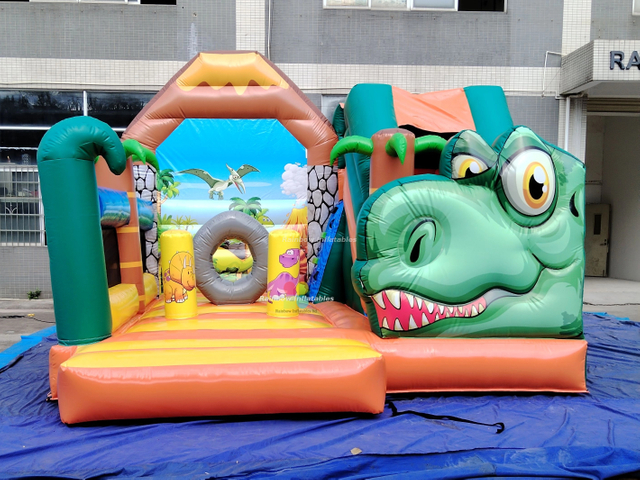 Rainbow Inflatable dinosaur bounce house with slide 