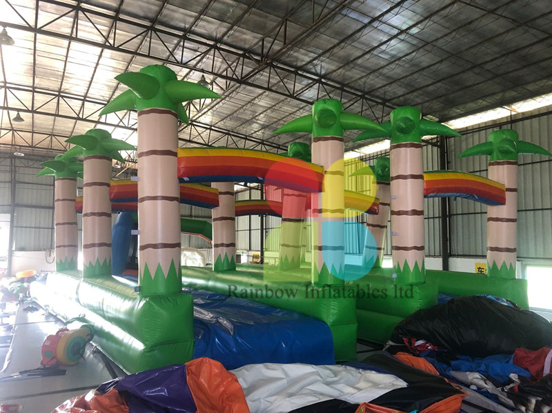green inflatable double lines coconut tree slide with small pool