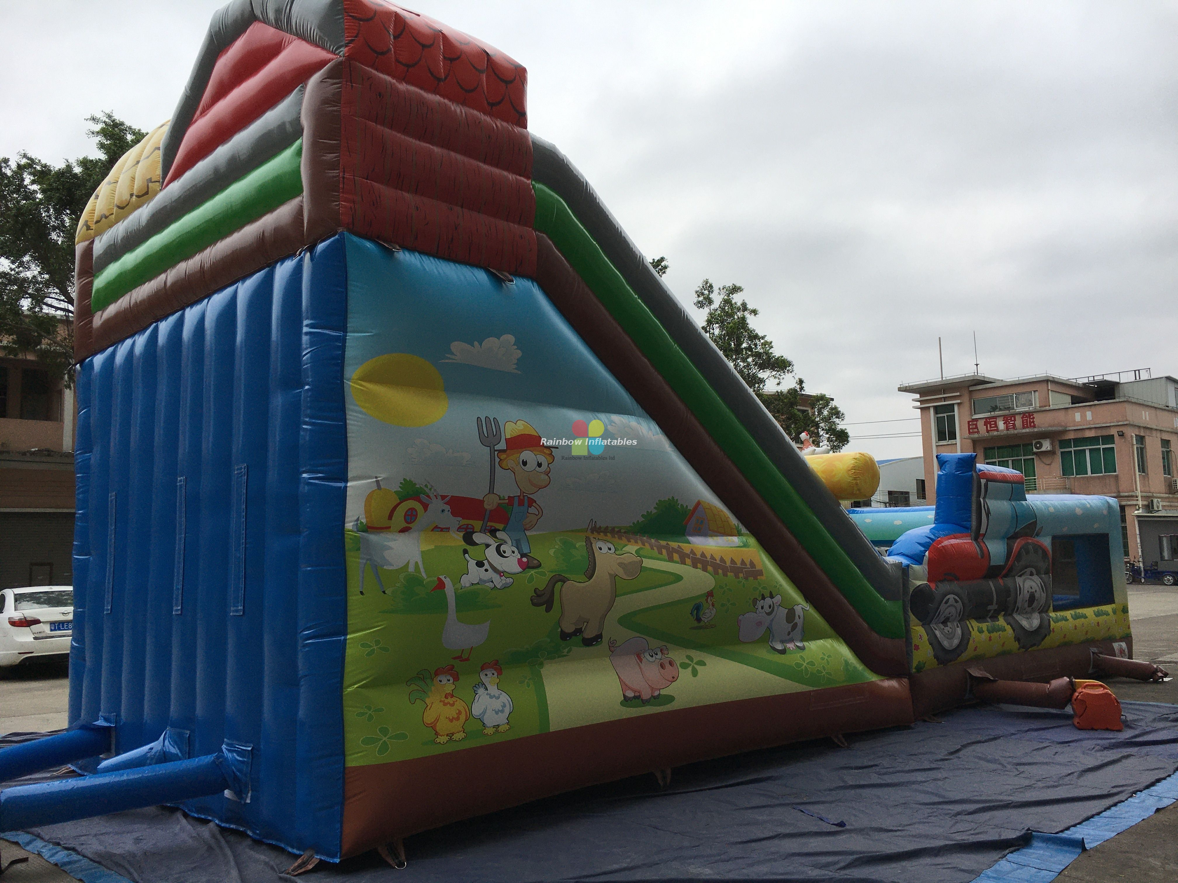 12X5X6.9m Happy farm style inflatable slide with bouncer, funny and attractive jumper 