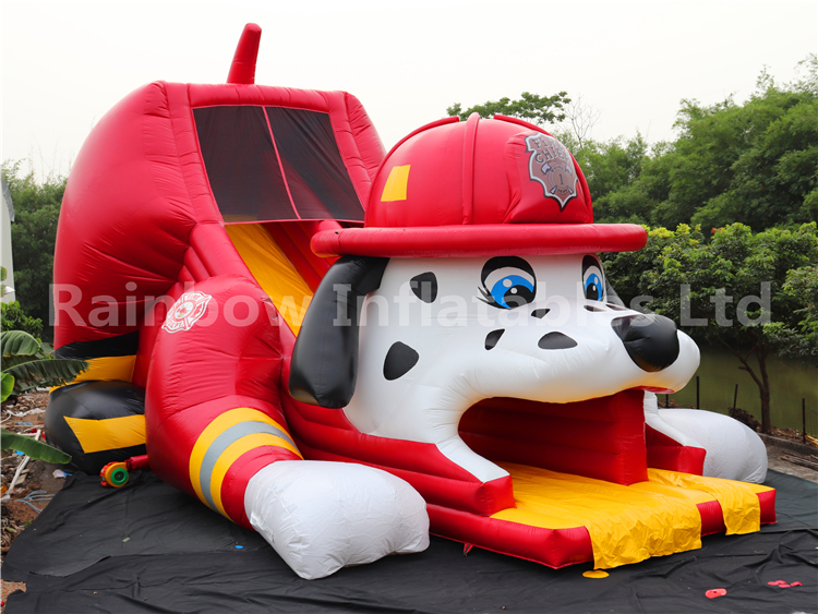 Giant 3D Fire Dog with Helmet Inflatable Dry Slide for Children Party