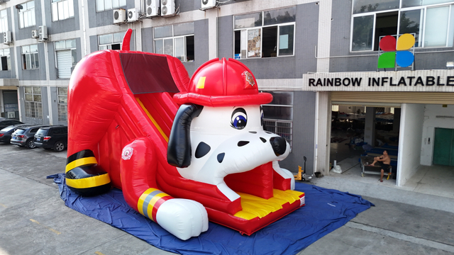 Giant 3D Fire Dog with Helmet Inflatable Dry Slide for Children Party