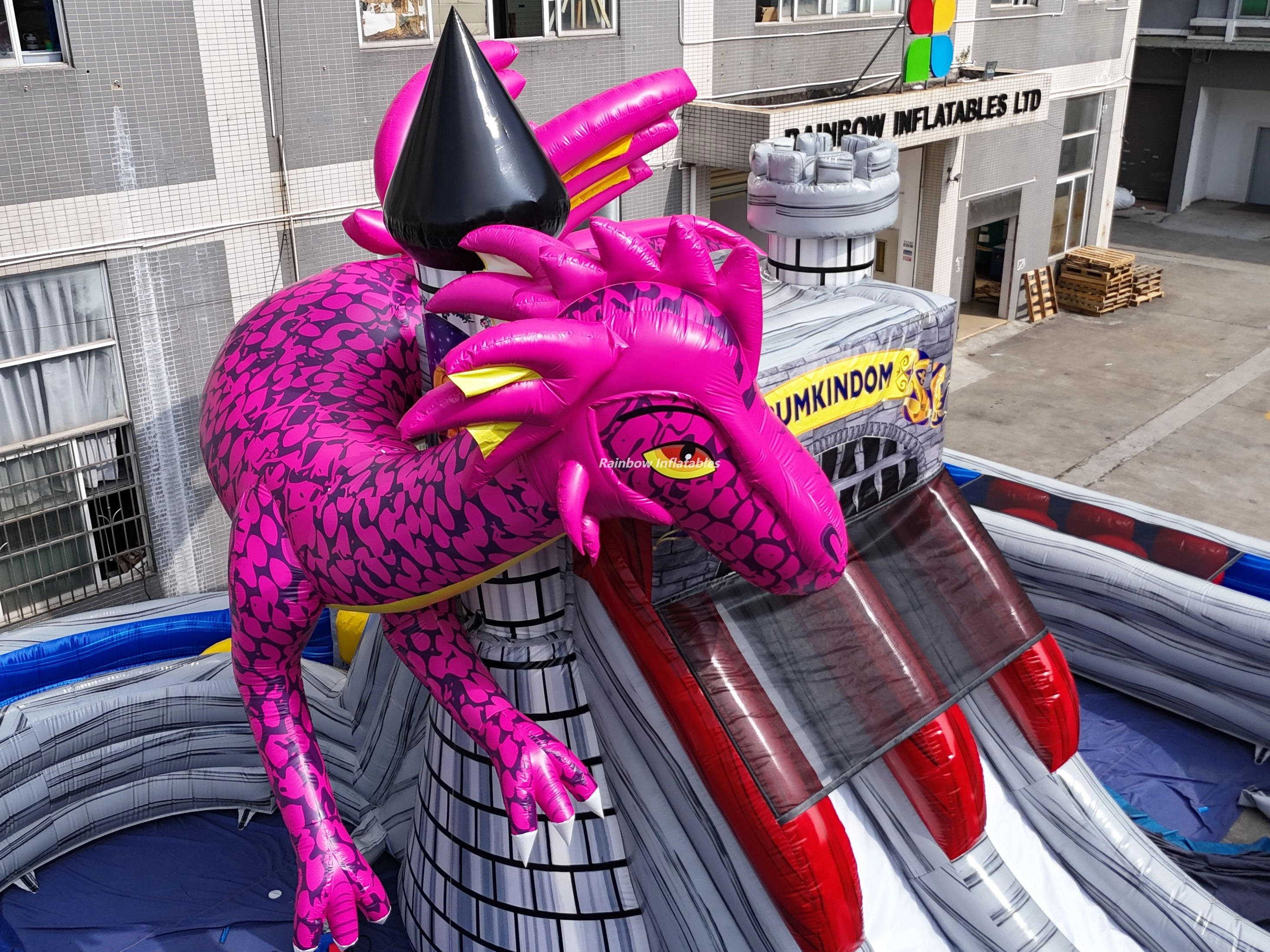 China manufacturer grey inflatable dinosaur double slides combo with obstacle 