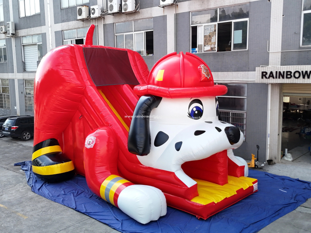 Giant 3D Fire Dog with Helmet Inflatable Dry Slide for Children Party