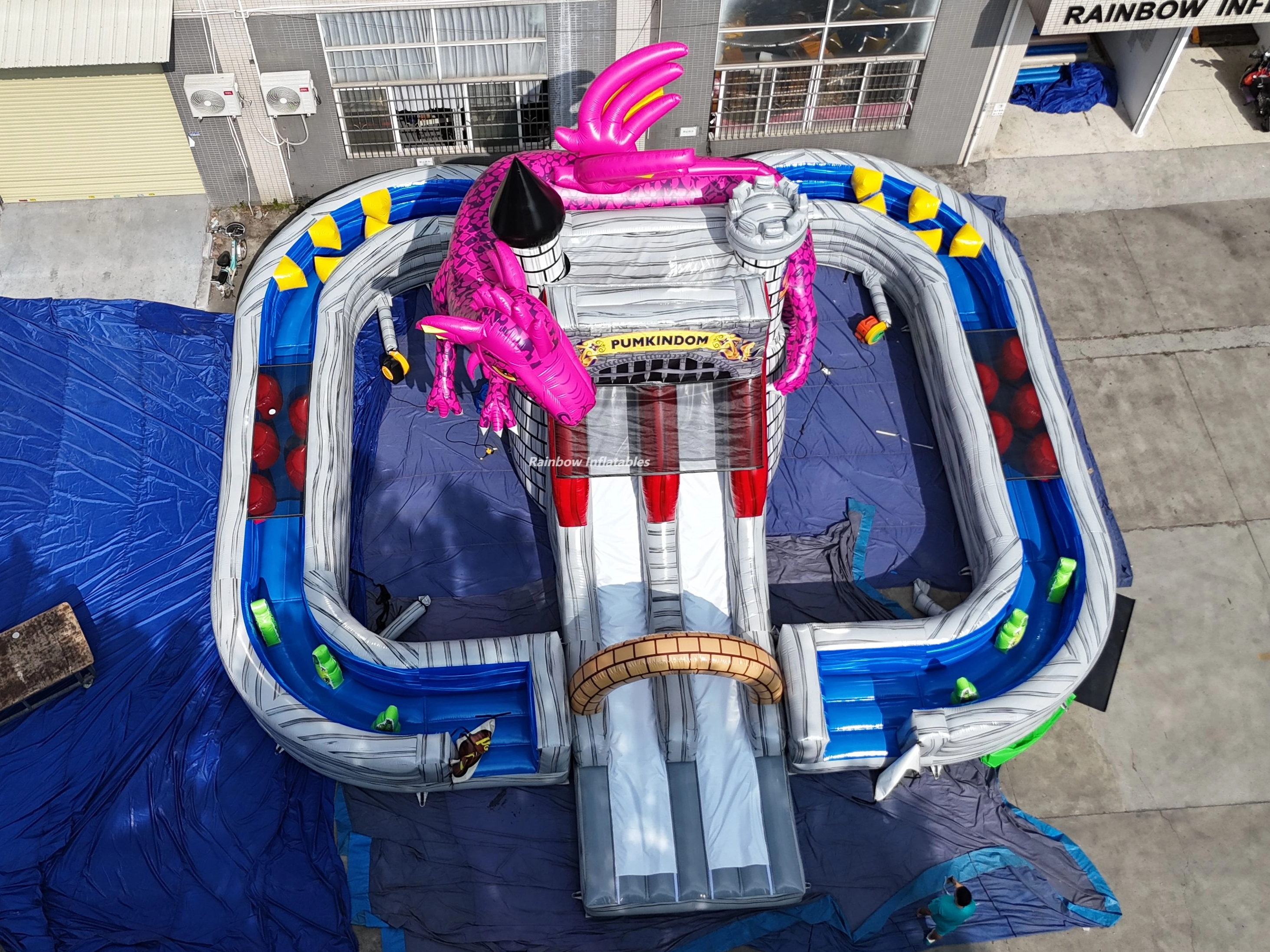 China manufacturer grey inflatable dinosaur double slides combo with obstacle 