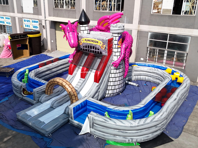 China manufacturer grey inflatable dinosaur double slides combo with obstacle 