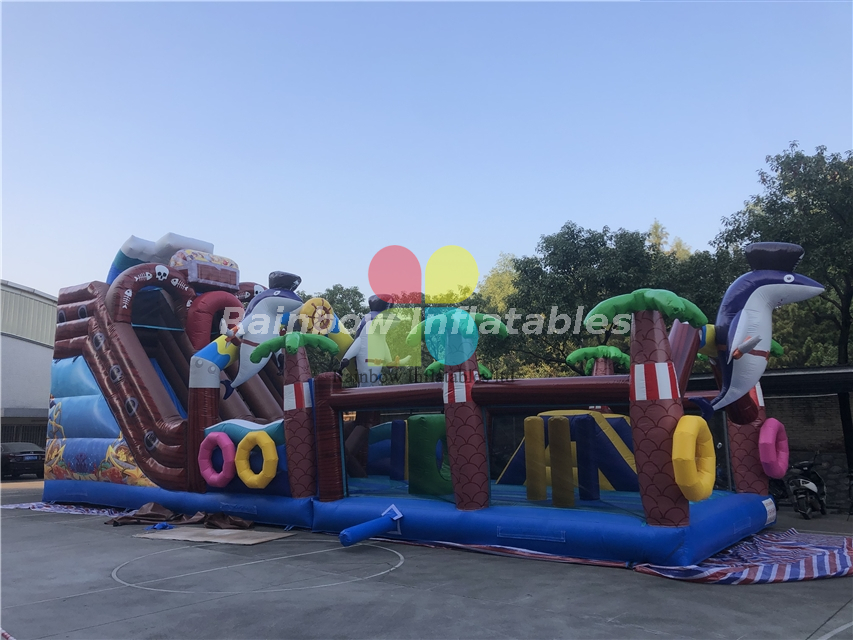 Rainbow Inflatable Pirate Ship Slide Obstacles