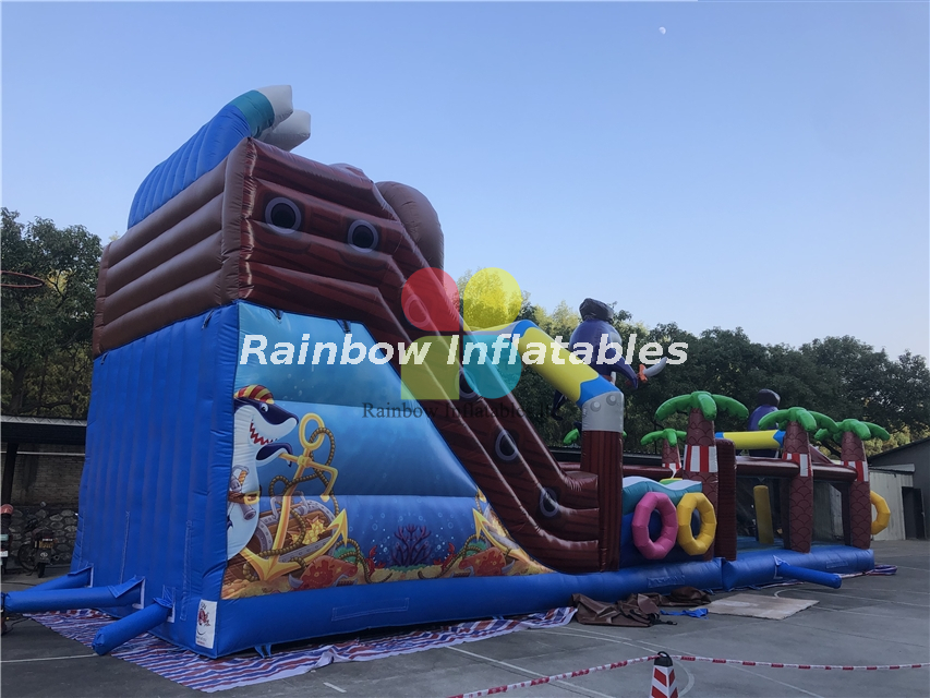 Rainbow Inflatable Pirate Ship Slide Obstacles
