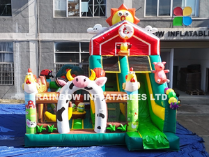 Giant Farm Theme Inflatable Bounce House with Slide and Basketball Hoop for Backyard Fun and Birthday Parties