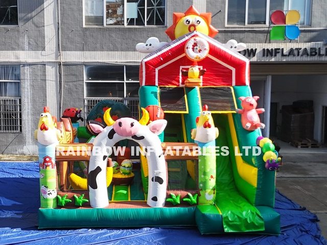 Giant Farm Theme Inflatable Bounce House with Slide and Basketball Hoop for Backyard Fun and Birthday Parties