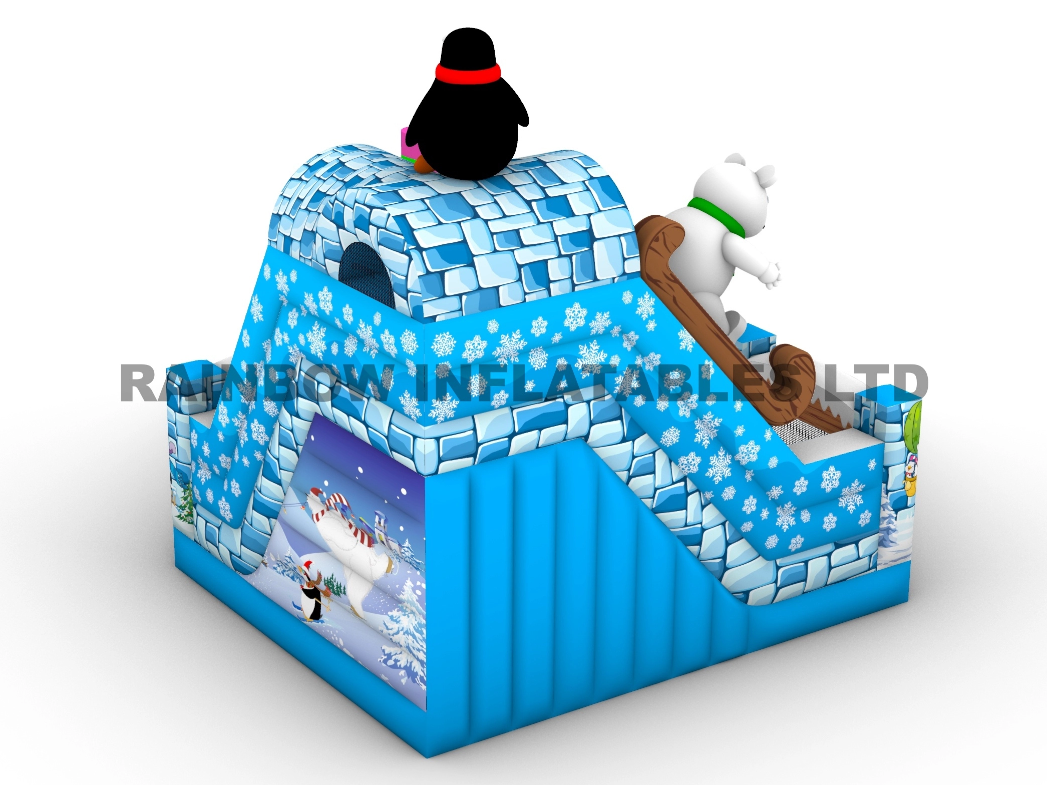 Christmas Winter Theme Inflatable Castle with Penguin, Snowman and Slide for Event Rental