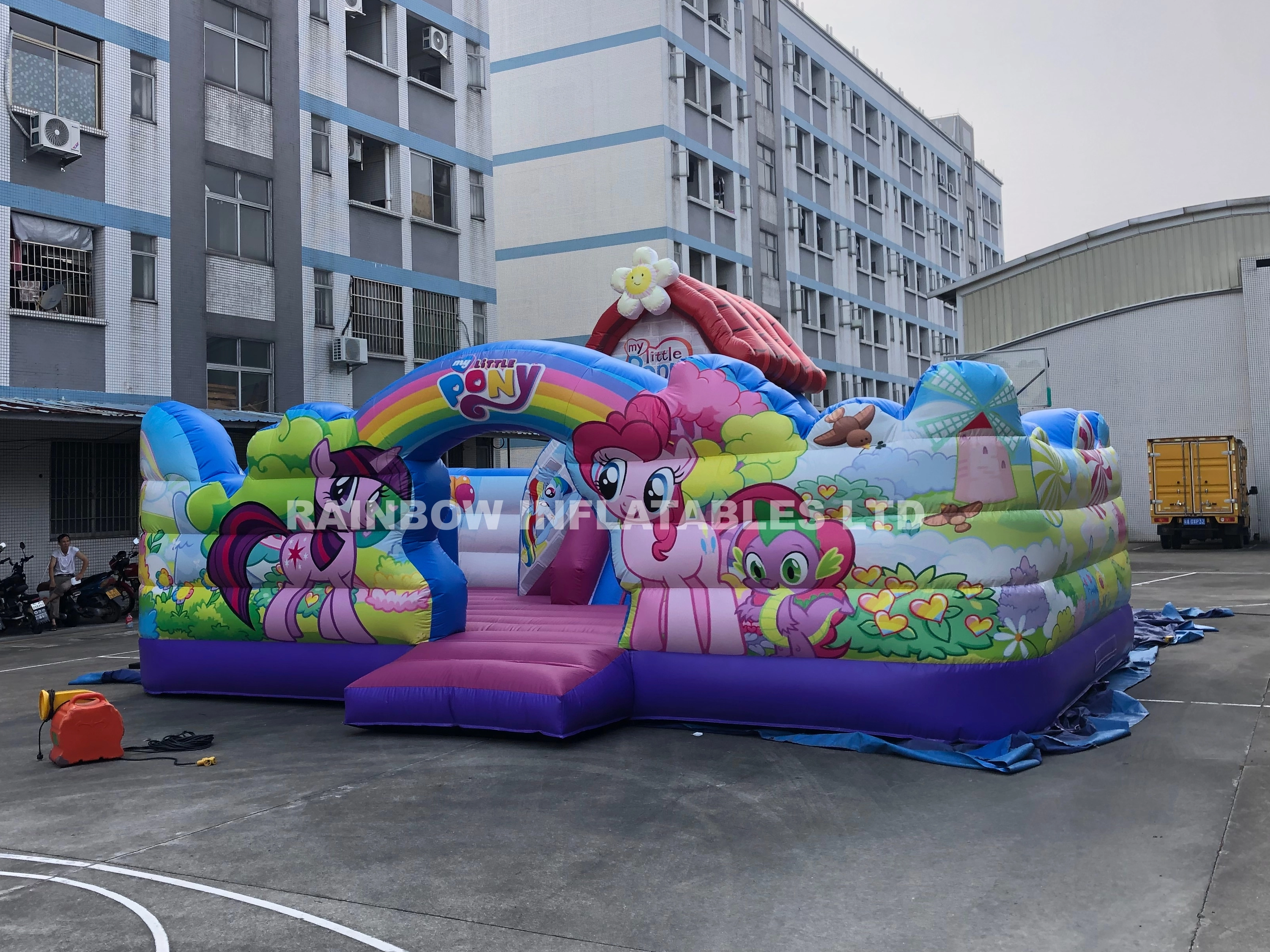 Commercial Grade Inflatable Bounce House with Slide – Rainbow Unicorn Theme Bouncy Castle with Red Roof, Pop-Up Obstacles & Climbing Area for Kids Party Rental