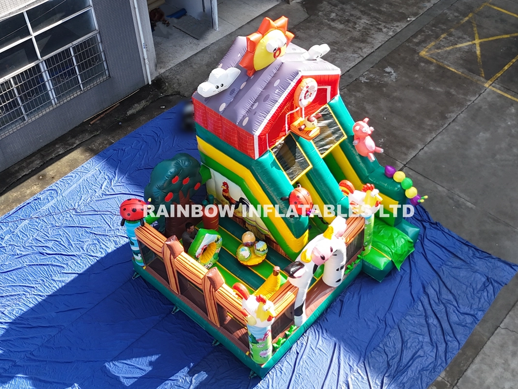 Giant Farm Theme Inflatable Bounce House with Slide and Basketball Hoop for Backyard Fun and Birthday Parties