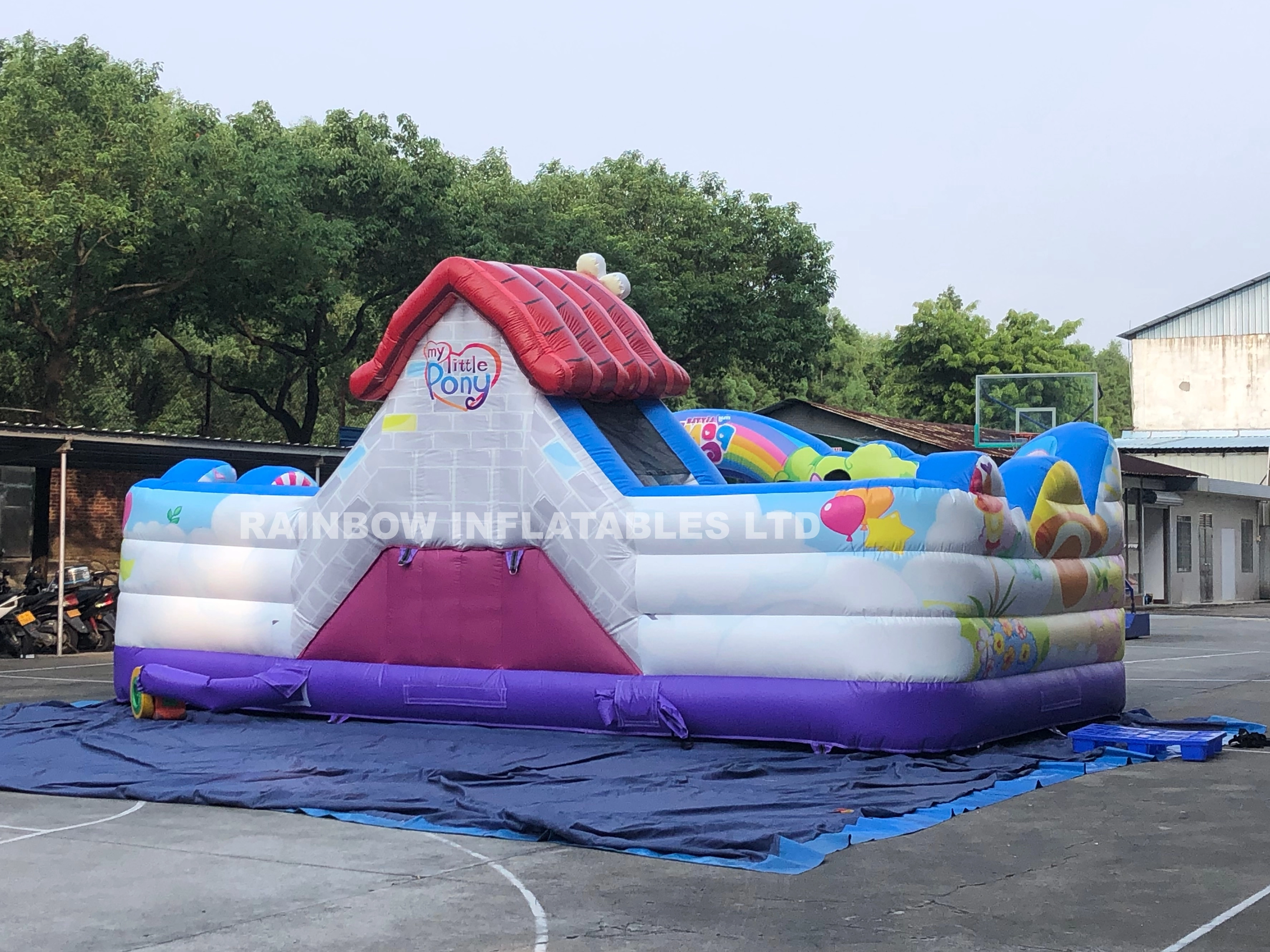 Commercial Grade Inflatable Bounce House with Slide – Rainbow Unicorn Theme Bouncy Castle with Red Roof, Pop-Up Obstacles & Climbing Area for Kids Party Rental