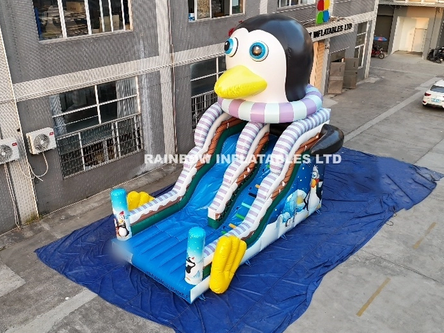 Inflatable Fun Slide (Penguin Theme) with 3D Mascot Head and Safety Bumpers
