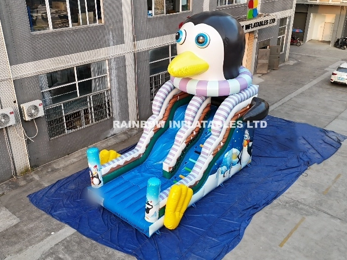 Inflatable Fun Slide (Penguin Theme) with 3D Mascot Head and Safety Bumpers