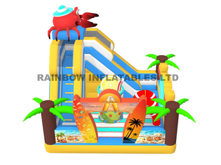 Summer Beach Theme Inflatable Water Slide Combo with Crab, Surfboard and Palm Tree Design