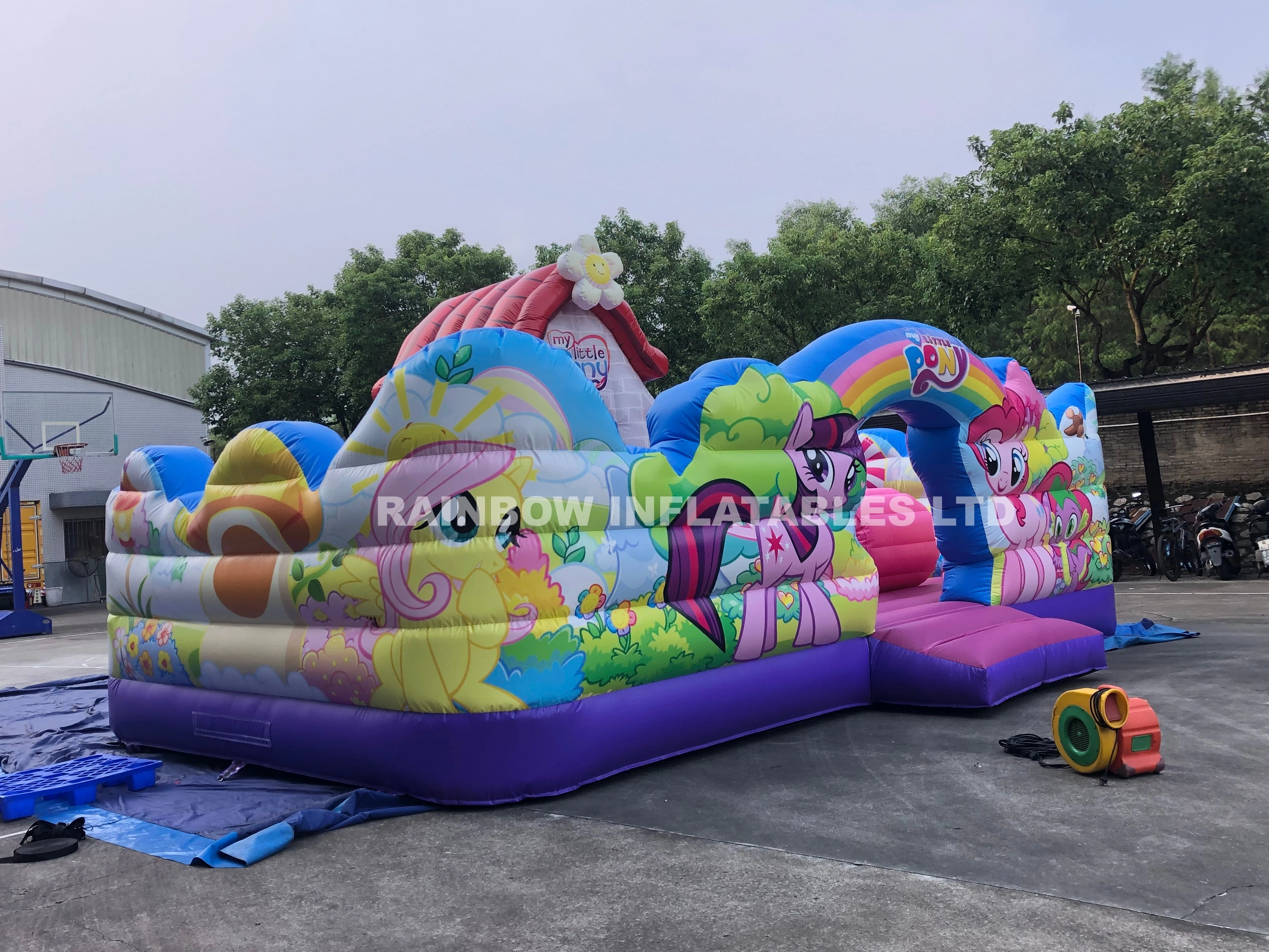 Commercial Grade Inflatable Bounce House with Slide – Rainbow Unicorn Theme Bouncy Castle with Red Roof, Pop-Up Obstacles & Climbing Area for Kids Party Rental