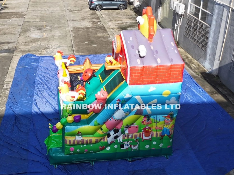 Giant Farm Theme Inflatable Bounce House with Slide and Basketball Hoop for Backyard Fun and Birthday Parties